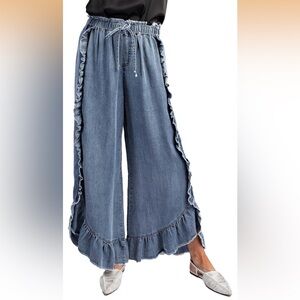 Easel Chambray Pants with Ruffle Details in Washed Denim